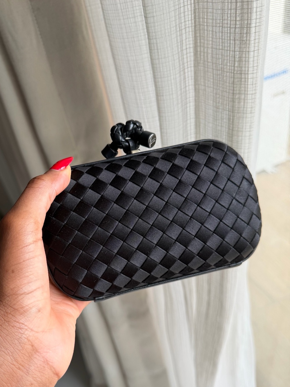 Bottega Veneta Intrecciato Black Woven Satin Knot-Clasp Evening Clutch
